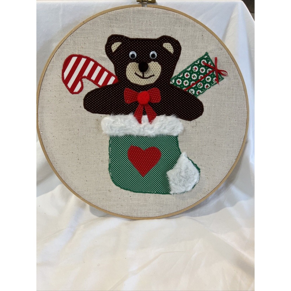 Vintage handcrafted embroidered teddy bear in stocking Kids nursery wall hanger